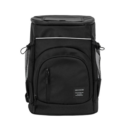 Black backpack with visible brand name on a white background
