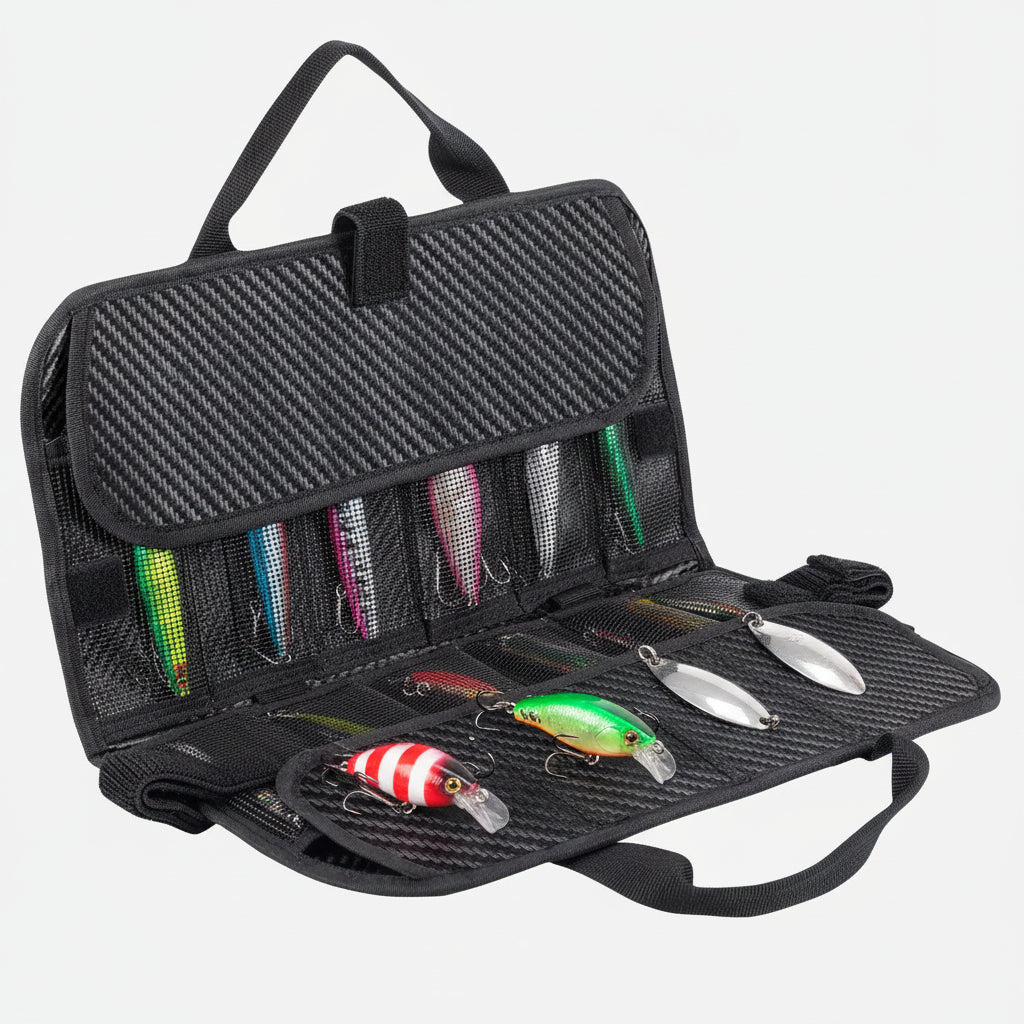 Black car seat organizer with colorful straps on a white background
