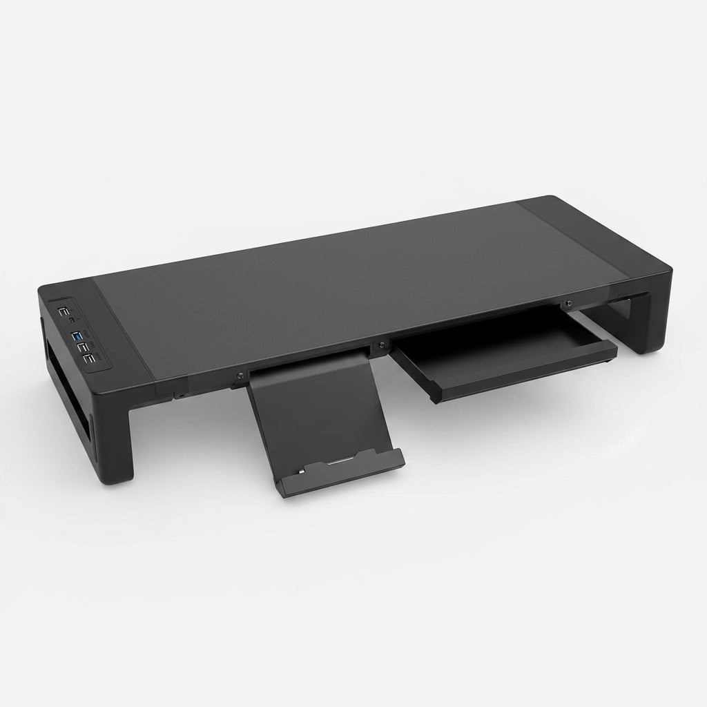 Black computer desk with USB ports on a white background