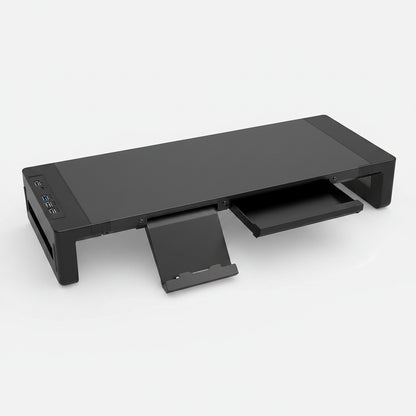 Black computer desk with USB ports on a white background