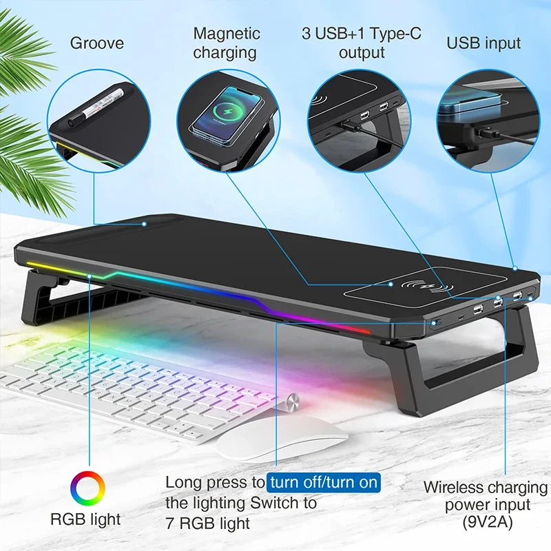 Black computer stand with RGB lighting, wireless charging, and multiple ports on a light background.