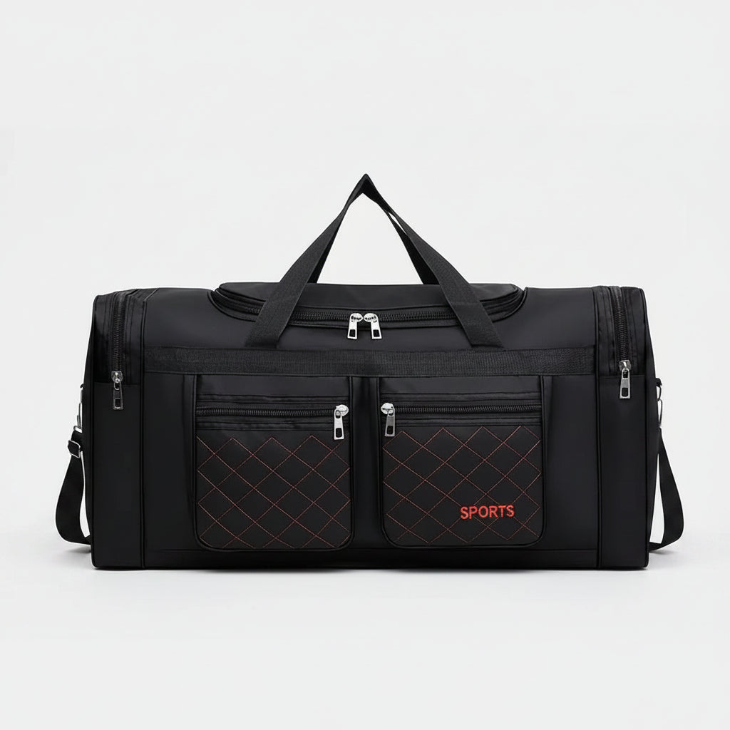 Black duffel bag with multiple pockets and zippers on a white background