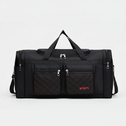 Black duffel bag with multiple pockets and zippers on a white background