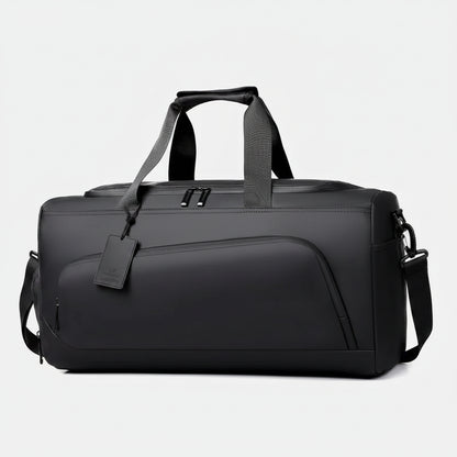 Black duffel bag with shoulder strap on a white background