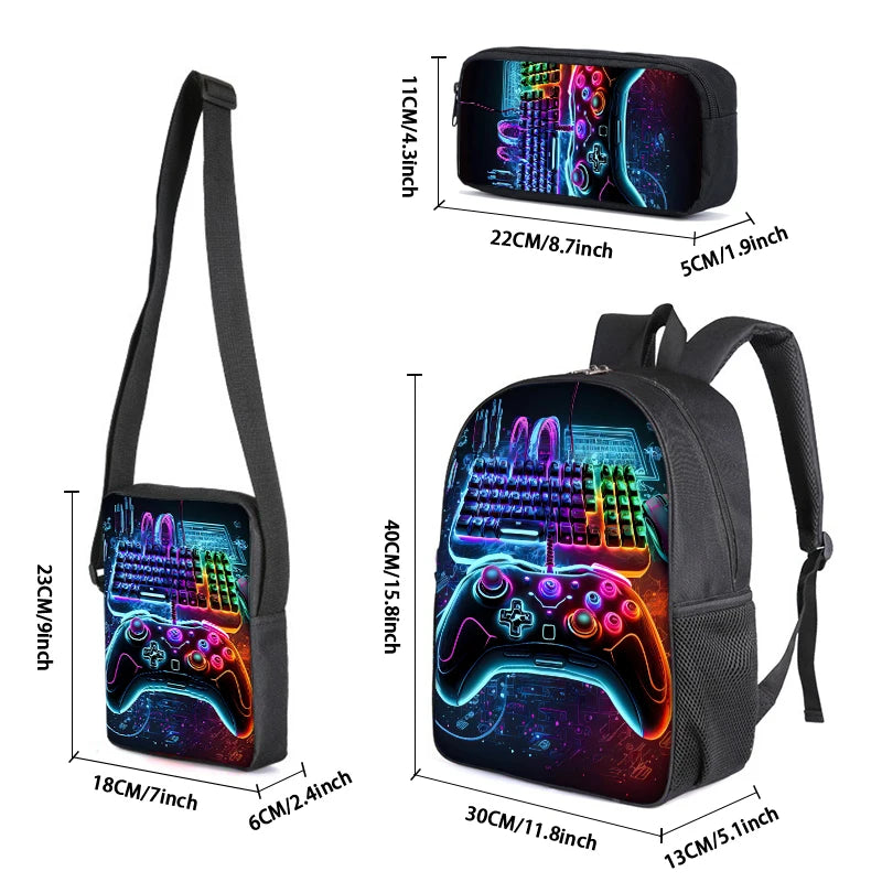 Black gaming-themed backpack and matching crossbody bag set with a colorful neon controller and keyboard graphic, shown with dimension labels on a white background.