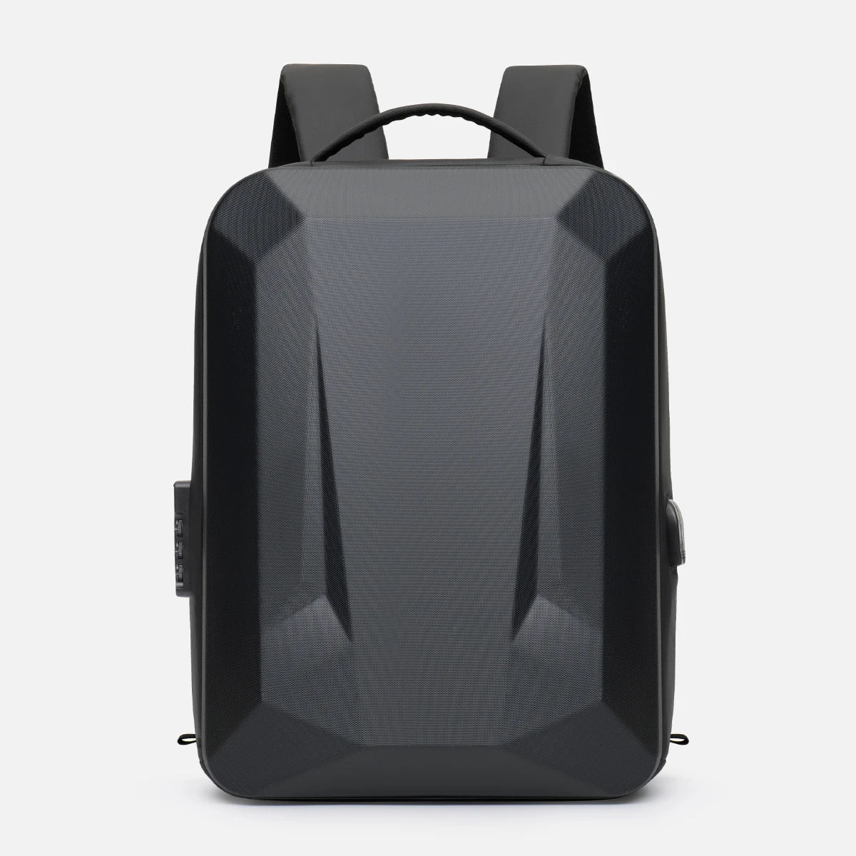Black geometric-patterned backpack on a light gray background