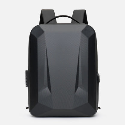 Black geometric-patterned backpack on a light gray background