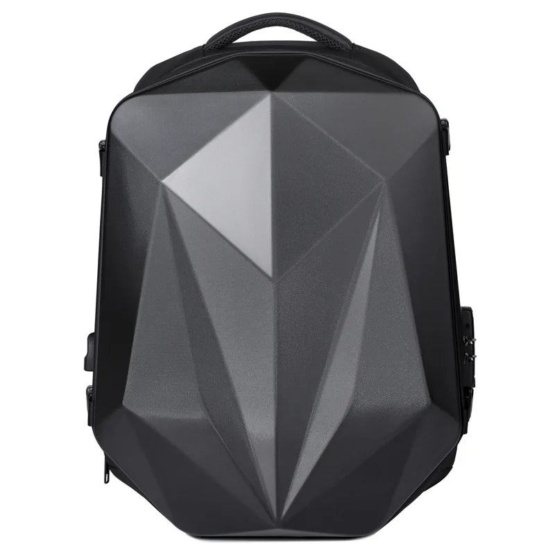 Black geometric-patterned backpack on a white background