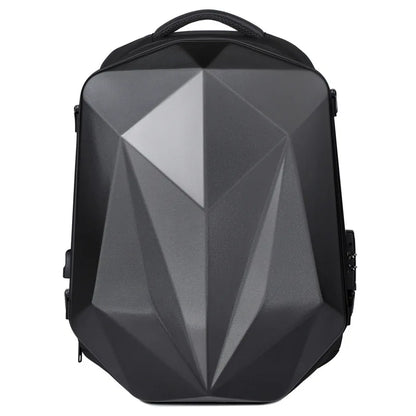 Black geometric-patterned backpack on a white background