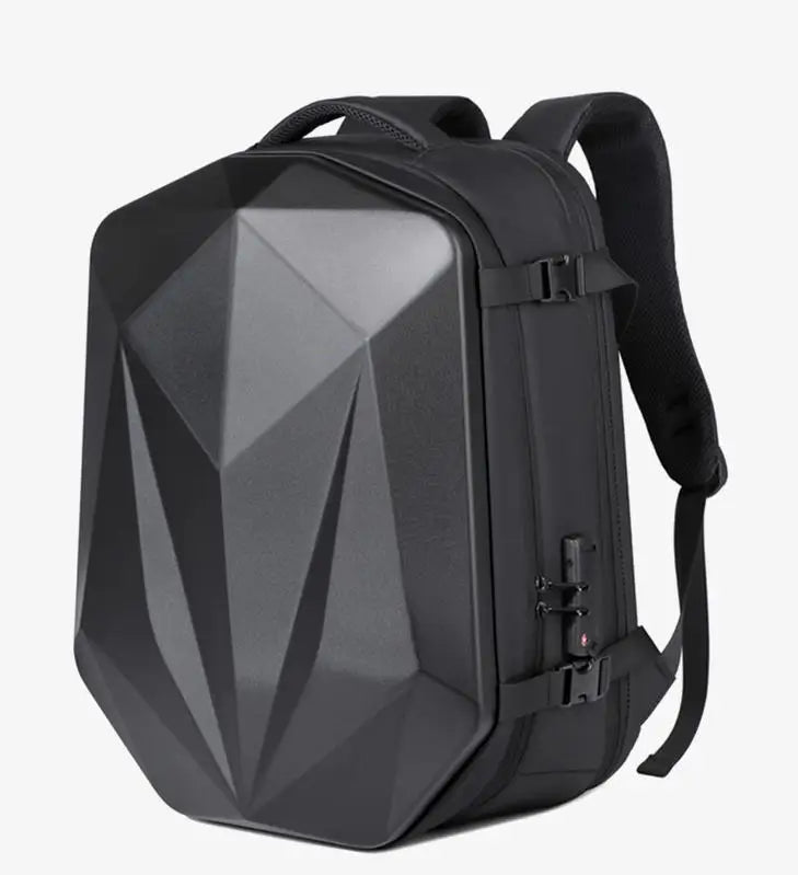 Black geometric-patterned backpack on a white background