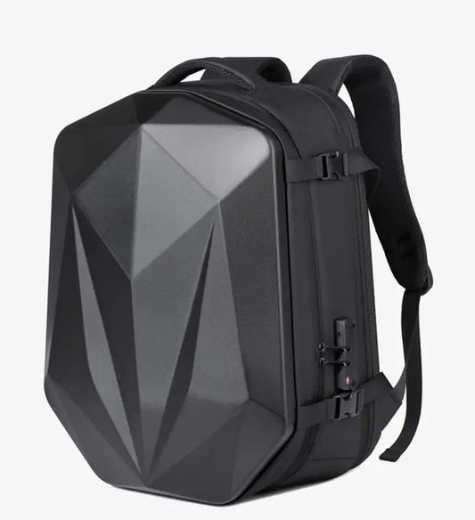 Black geometric-patterned backpack on a white background