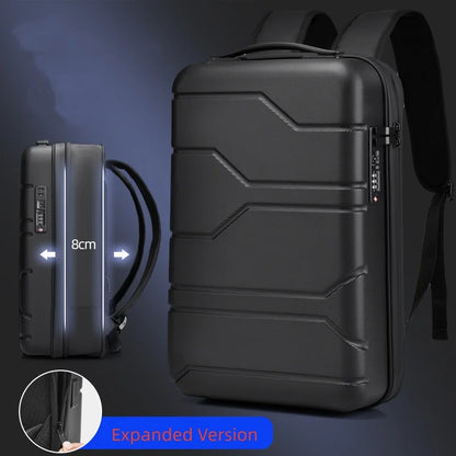 Black hard-shell laptop backpack shown in two views: a main expanded view and a smaller inset showing the compact folded size labeled 8cm. The image includes an inset circle with a hand demonstrating the expanded size and a blue banner reading 'Expanded Version.