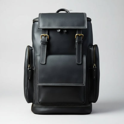 Black leather backpack on a white background