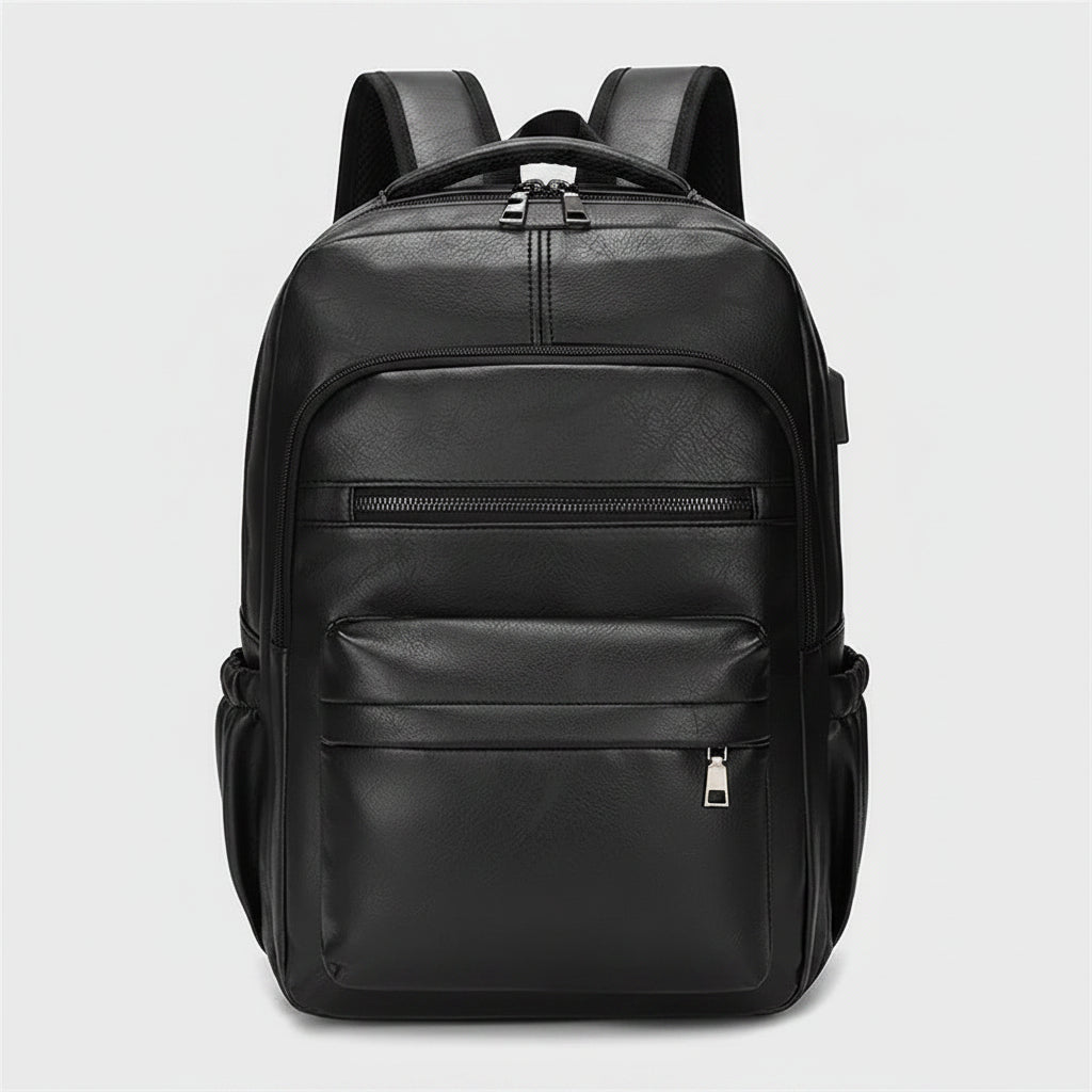 Black leather backpack on a white background