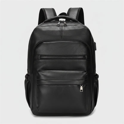 Black leather backpack on a white background