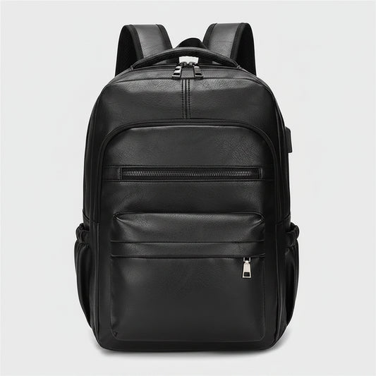 Black leather backpack on a white background