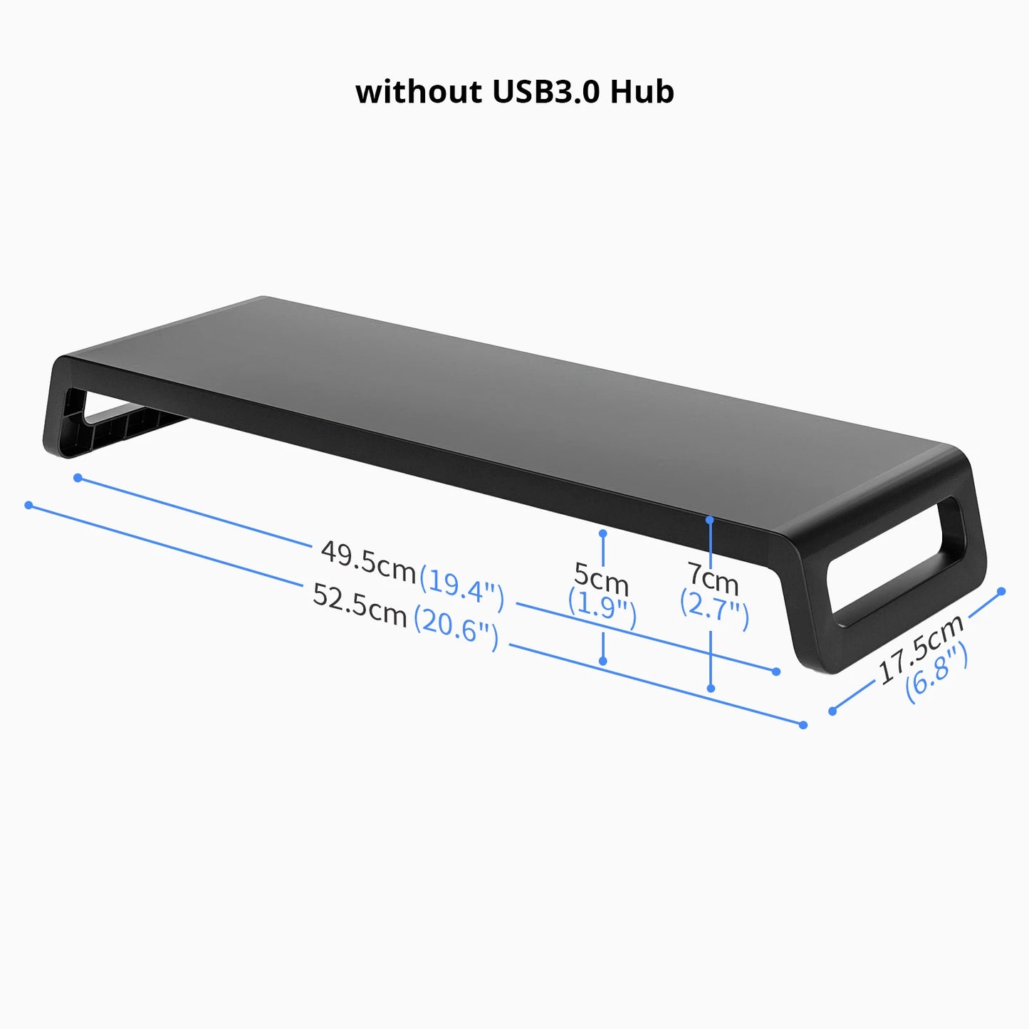 Black monitor stand with USB3.0 hub dimensions on a white background