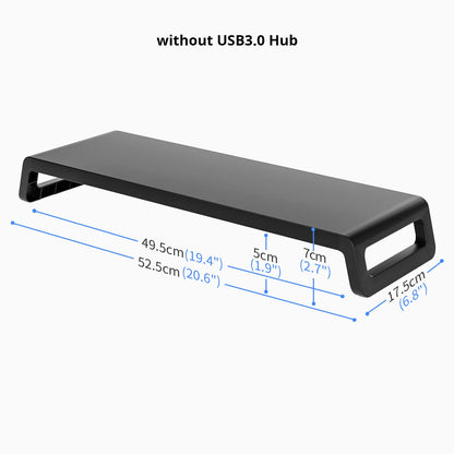 Black monitor stand with USB3.0 hub dimensions on a white background