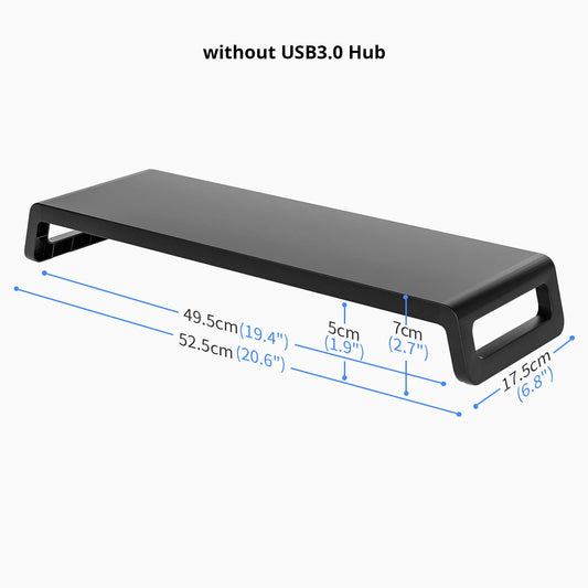 Black monitor stand with USB3.0 hub dimensions on a white background