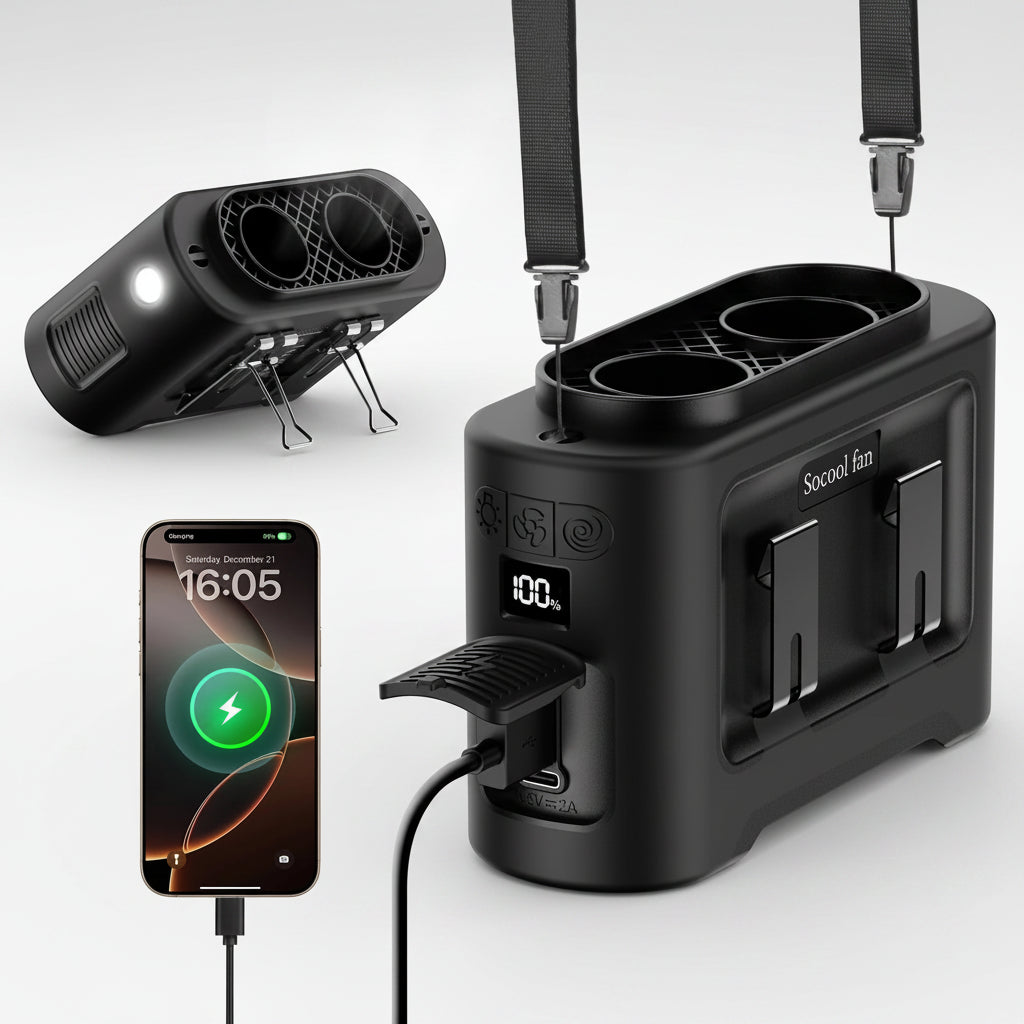 Black multi-device charging station with phone, car charger, and fan on a white background