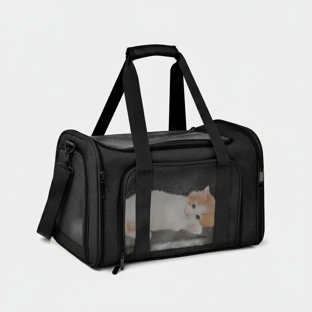 Black pet carrier with a small dog peeking out on a white background