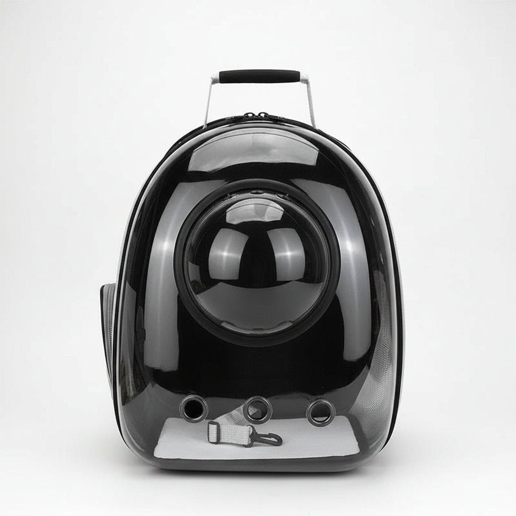 Black pet carrier with a spherical design on a white background