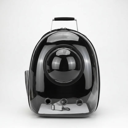 Black pet carrier with a spherical design on a white background