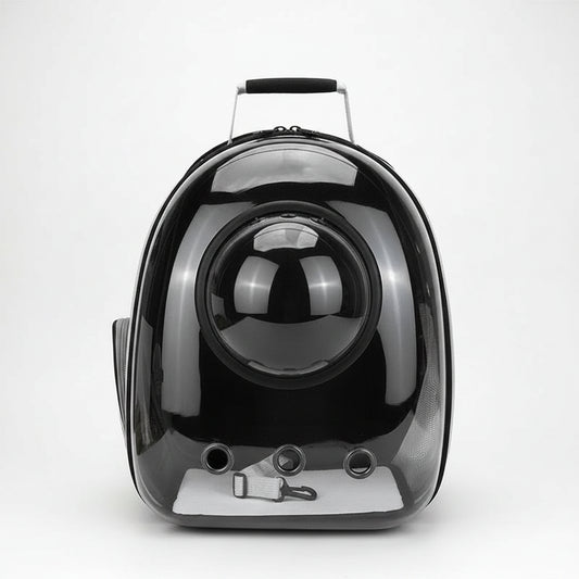 Black pet carrier with a spherical design on a white background