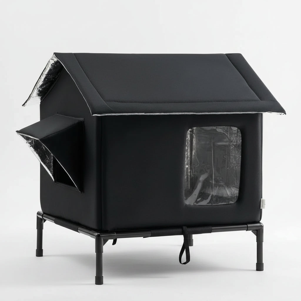 Black pet house with a cat peeking out from a window on a white background