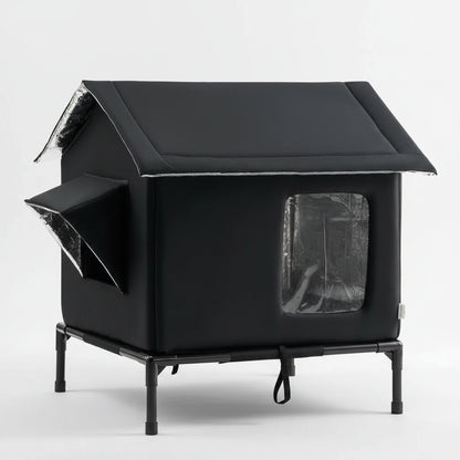 Black pet house with a cat peeking out from a window on a white background