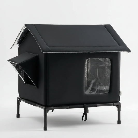 Black pet house with a cat peeking out from a window on a white background