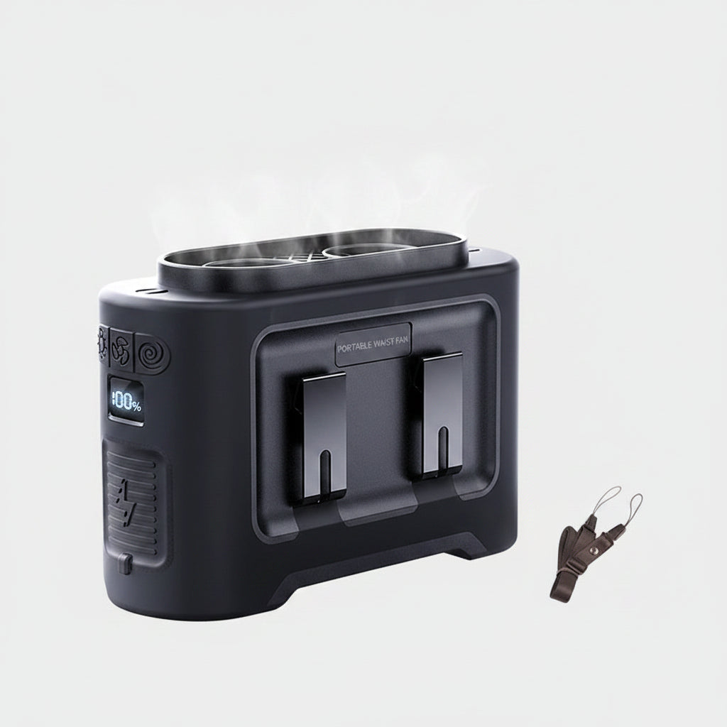 Black portable air conditioner with features listed on a blue background