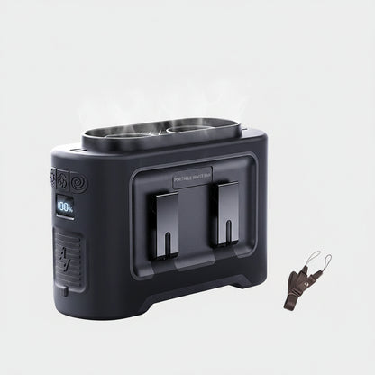 Black portable air conditioner with features listed on a blue background