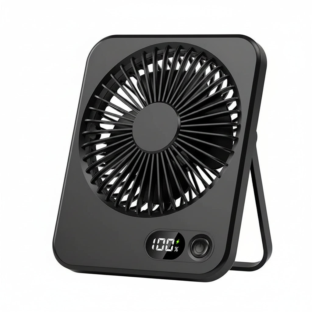 Black portable fan with digital display on a white background
