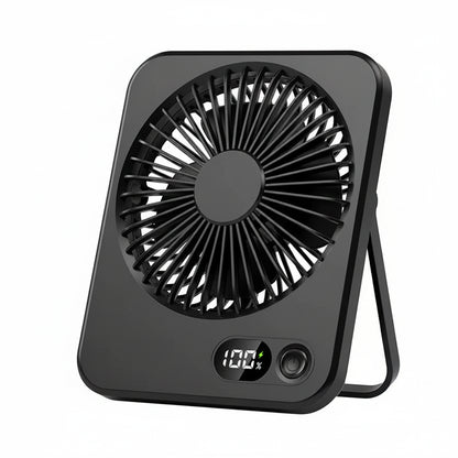 Black portable fan with digital display on a white background