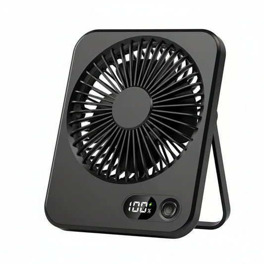 Black portable fan with digital display on a white background