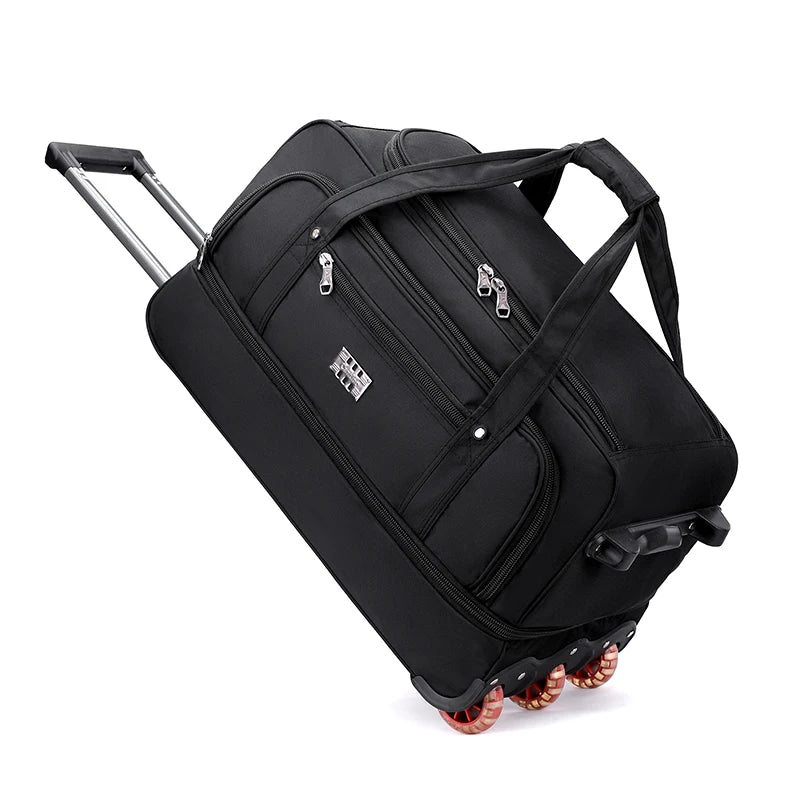 Black rolling suitcase on a white background