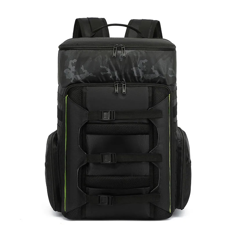 Black tactical backpack with camouflage pattern on a white background