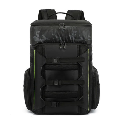 Black tactical backpack with camouflage pattern on a white background
