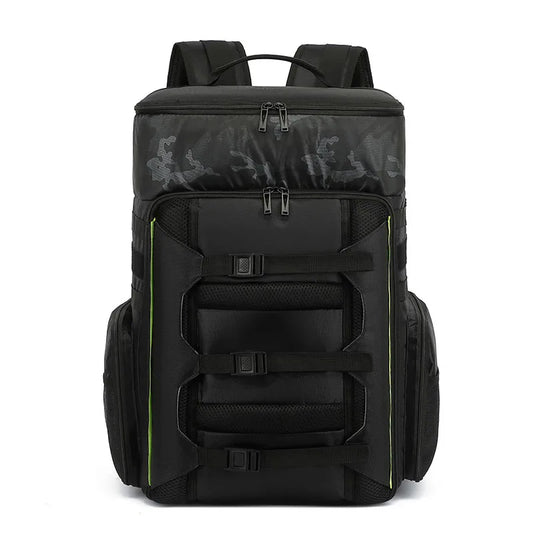 Black tactical backpack with camouflage pattern on a white background
