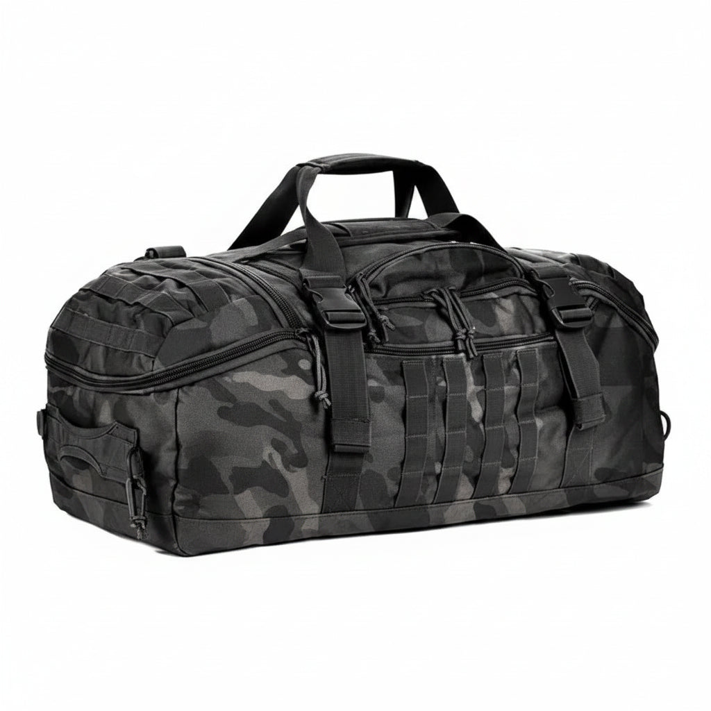 Black tactical duffel bag with multiple compartments on a white background