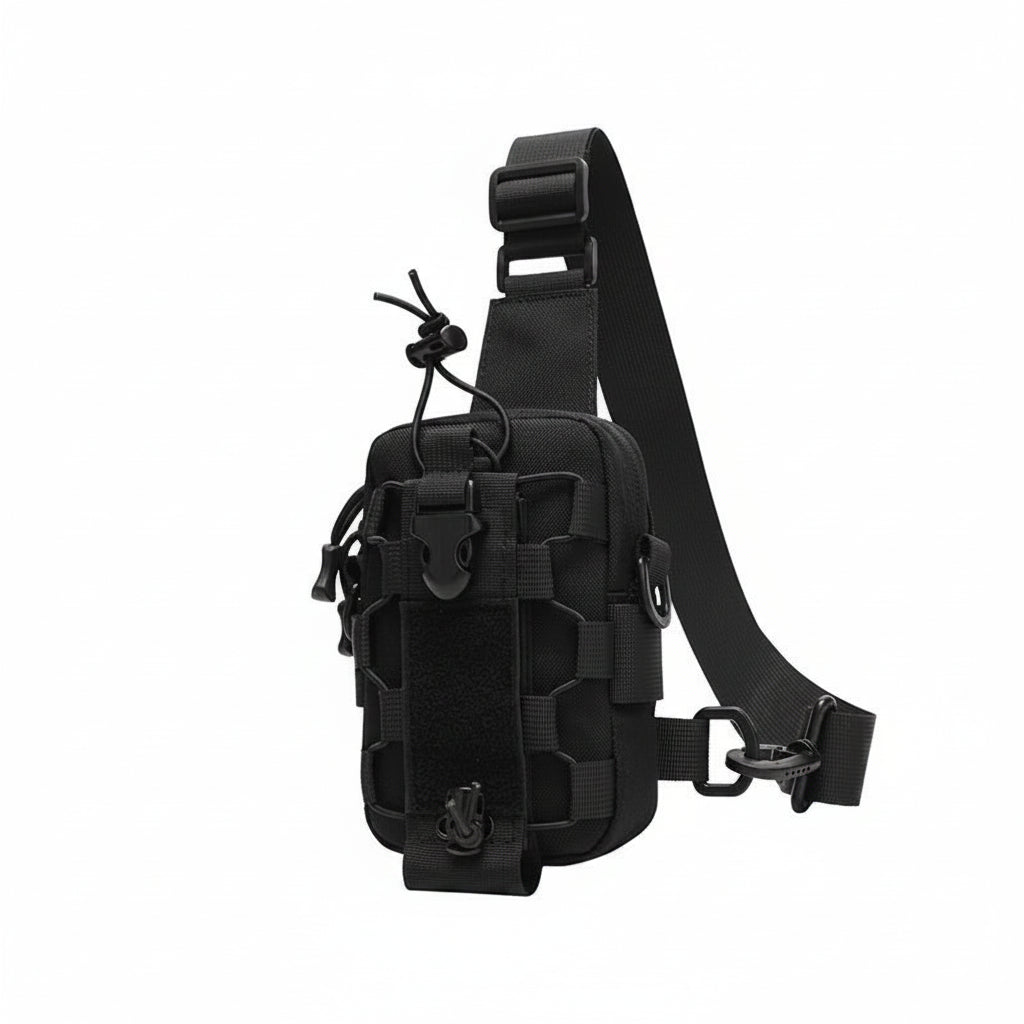 Black tactical shoulder bag on a white background