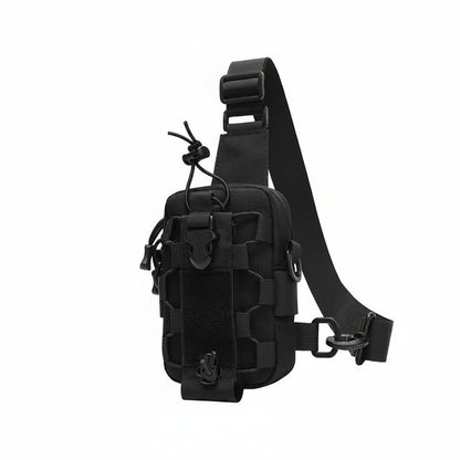 Black tactical shoulder bag on a white background