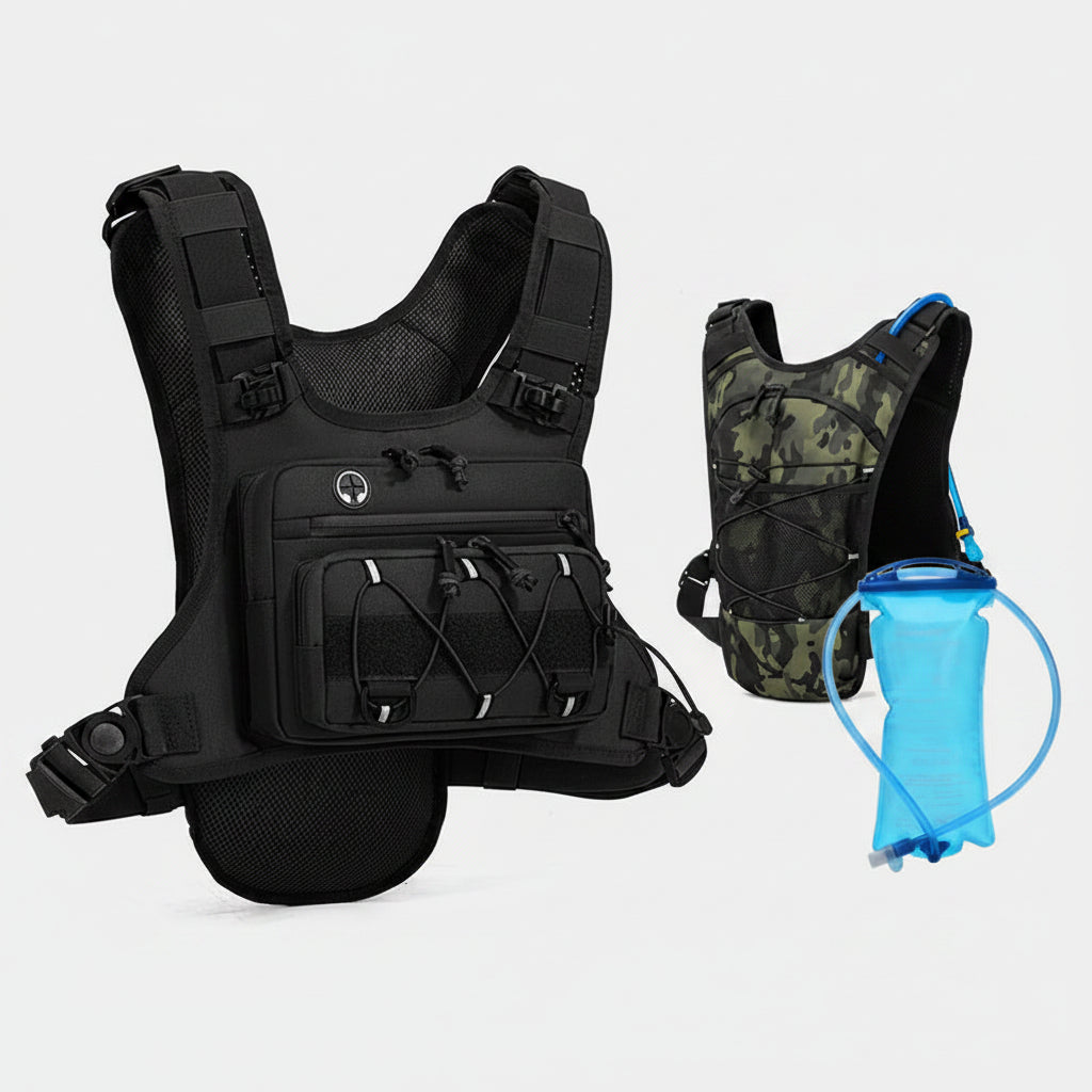 Black tactical vest with a blue water bag and camouflage vest on a white background