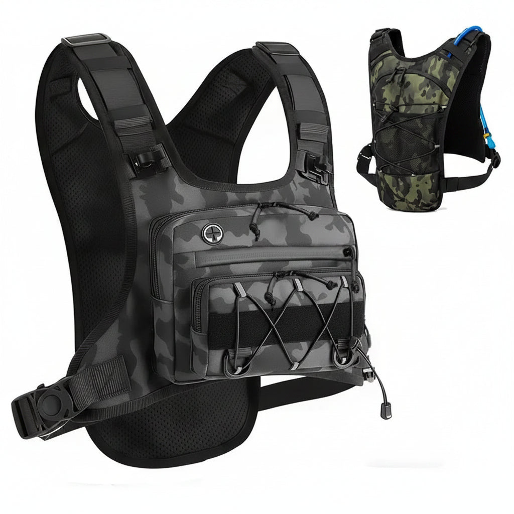 Black tactical vest with camouflage pattern on a white background