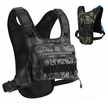 Black tactical vest with camouflage pattern on a white background