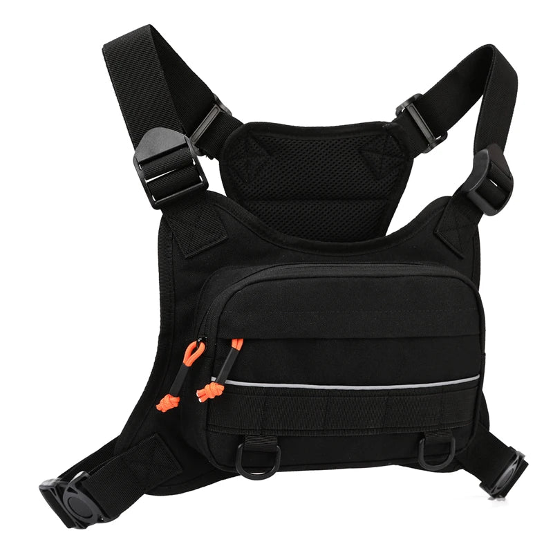 Black tactical vest with multiple straps and orange accents on a white background
