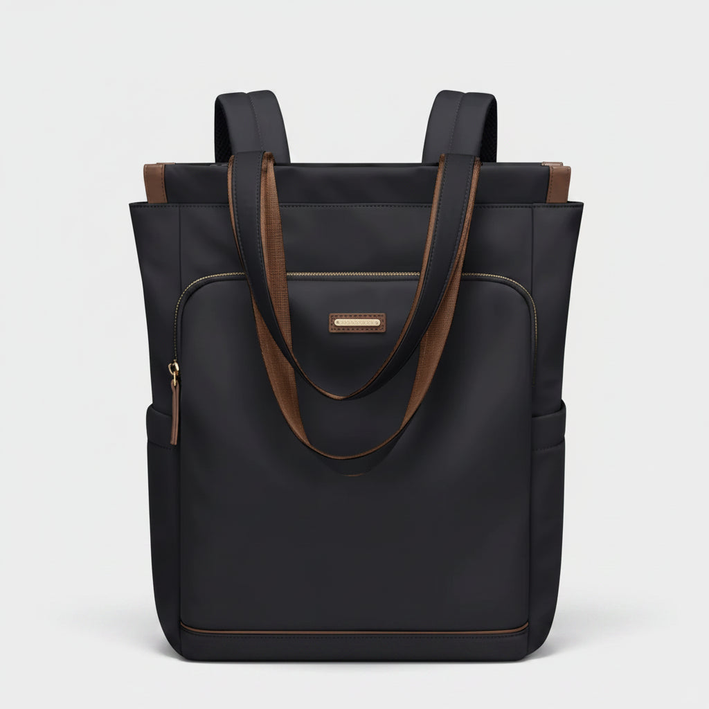 Black tote bag with brown accents on a white background