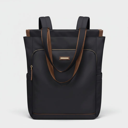Black tote bag with brown accents on a white background