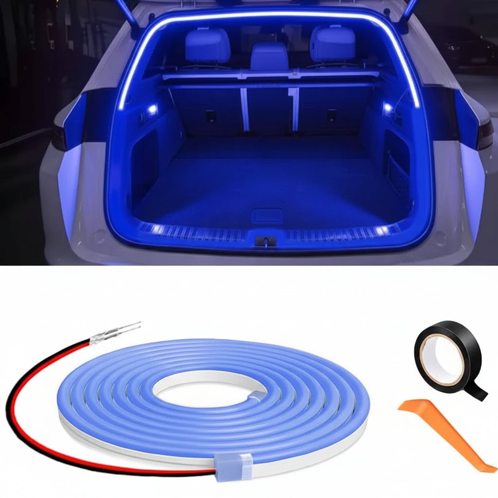 Blue LED strip light set with roll, tape, and tool on a car trunk background